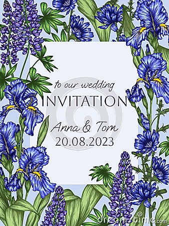 Vector invitation template blooming purple and blue garden Vector Illustration